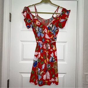 Candie’s Tropical Print Open Cold Shoulder Ruffle Y2K Dress Candies